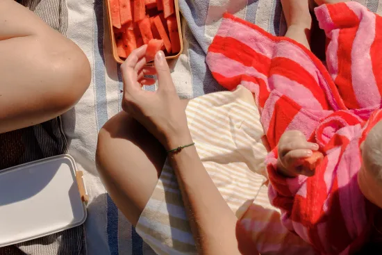 Familj som har picknick på Vännäsbadet